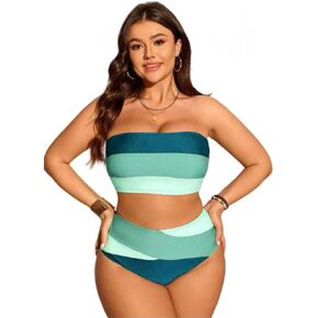 2025 Women's Plus Size Swimwear Sexy Color Block High Waist Bikini Set Tummy Control Summer Beach Bathing Suit