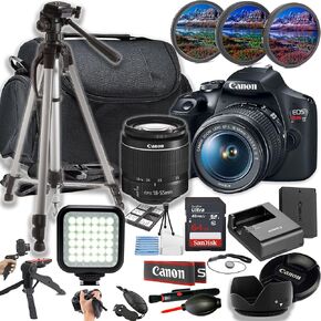 Canon EOS Rebel T7 24MP DSLR Camera w/EF-S 18-55mm F/3.5-5.6 Zoom Lens + LED Light + 64GB Memory + Filters + Case + Tripod + Grips + Hood, and More (24pc Bundle) (Renewed)