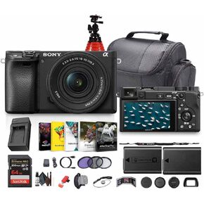 Sony a6400 Mirrorless Camera with 16-50mm f/3.5-5.6 II Lens (Black) (ILCE6400KB) + Photo Software + 64GB Memory Card + NP-FW50 Battery + Camera Bag + Charger + Lens Filter Kit + More