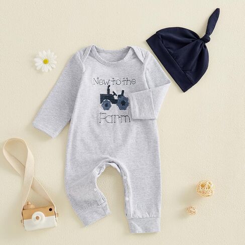 Fall Outfit Newborn Baby Boy One Piece Clothes Farm Tractor Long Sleeve Romper Jumpsuit Hat Set in Saudi Arabia