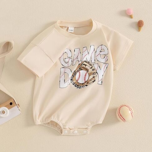 Baby Boys Girls Baseball Outfit Short Sleeve Game Day Print Oversized Bubble Romper Bodysuit One Piece Summer Clothes in Kuwait