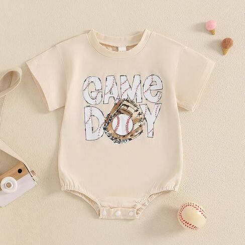 Baby Boys Girls Baseball Outfit Short Sleeve Game Day Print Oversized Bubble Romper Bodysuit One Piece Summer Clothes in Kuwait