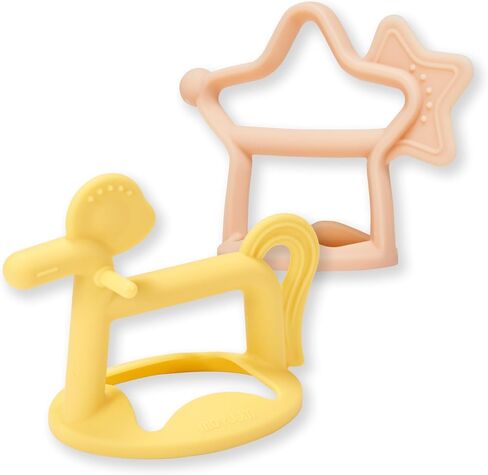 Wrist Teether Gift Set 100% Silicone, Wearable Type Baby Chew Toy Baby Gift for Newborn Roly Poly Toy Silicone Teething Toys for Infant and Toddler Bracelet Type (Star Coral Beige, Pony Yellow) in Kuwait