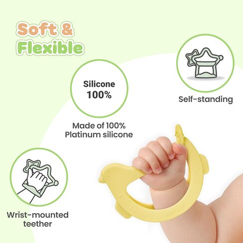 Wrist Teether Gift Set 100% Silicone, Wearable Type Baby Chew Toy Baby Gift for Newborn Roly Poly Toy Silicone Teething Toys for Infant and Toddler Bracelet Type (Star Coral Beige, Pony Yellow) in Kuwait