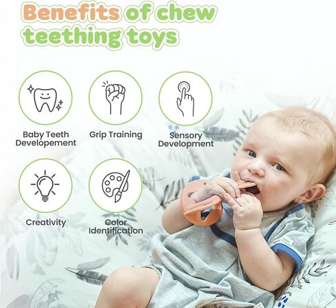 Wrist Teether Gift Set 100% Silicone, Wearable Type Baby Chew Toy Baby Gift for Newborn Roly Poly Toy Silicone Teething Toys for Infant and Toddler Bracelet Type (Star Coral Beige, Pony Yellow) in Kuwait