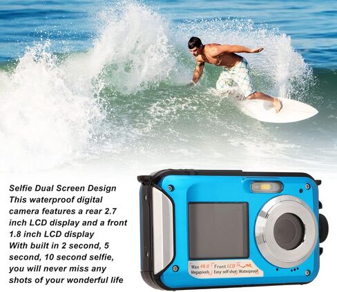 كاميرا رقمية كاميرا تحت الماء بمقدار 10 قدم بكاميرا رقمية 48 ميجابكسل 48 ميجابكسل مع تكبير رقمي 16x ، وكاميرا سيلفي مزدوجة الشاشة تحت الماء للغطس ، بطارية 650mAh ، 2.7 و 1.8 شاشة LCD in Kuwait