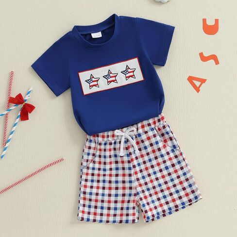 Toddler Baby 4th of July Outfit Boy Girl USA Short Sleeve T-shirt With Plaid Shorts Patriotic Baby Clothes in Kuwait
