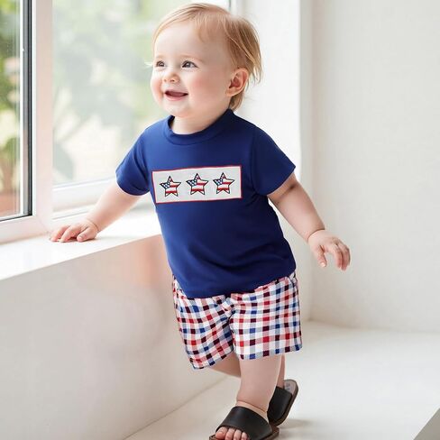 Toddler Baby 4th of July Outfit Boy Girl USA Short Sleeve T-shirt With Plaid Shorts Patriotic Baby Clothes in Kuwait