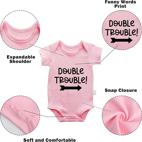 2-Pack Baby Twins Bodysuits Double Trouble Newborn Cotton Short Sleeve Funny Outfits Infant Twin Unisex Romper 0-12M in Saudi Arabia