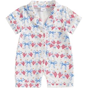 Multitrust Baby Girl 4th of July Pajamas Romper American Flag Short Sleeve Button Up Pjs Shorts Independence Day Jumpsuit