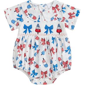 My First 4th Of July Baby Girl Outfit Newborn Smocked Bubble Romper Ruffle Collar Bodysuit Fourth Of July Clothes