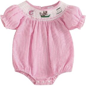 Bagilaanoe Newborn Girl Summer Outfit Infant Baby Girl Clothes Shrimp Smocked Short Sleeve Romper Bubble Bodysuit