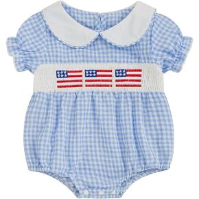 4th Of July Baby Girl Outfits Flag Embroidery Doll Collar Smocked Bubble Romper Short Sleeve Plaid Bodysuits