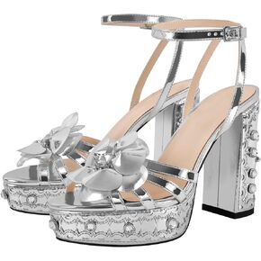 Women's Platform Block High Heels Ankle Buckle Diamond Studded Heeled Sandals Flower Chunky Heel