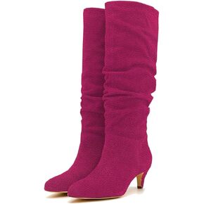Lehoor Women Low Hist Hist Knee Boots High Boots المدببة من جلد الغزال من الجلد المدبوغ أحذية ارتداء ملابس سحب على الكعب القصير عجل واسع 4-11 M US