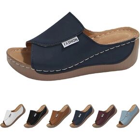 Comfortable Arch Support Slides with Solid Color, Sandals for Women 2025 Breathable Summer Orthotic Leather Platform Wedge Sandals Slip on Women All Day Walking Casual Flip Flops