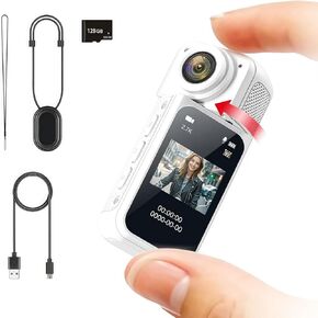 128GB FHD 1080P Mini Rotate Body Camera, Wearable Action Body Cam, Thumb Size Hands Free Recording Body Worn Camera, Portable Camcorder Mount Anywhere for Work, Travel, Sport (White)
