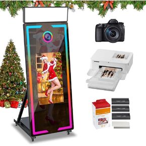 كشك صور Magic Mirror مع علبة الطيران ومربع ملء ضوء ، 65 بوصة آلة مقصورة مرآة مركبة مع 32in شاشة تعمل باللمس للأحداث استئجار حفلات الزفاف