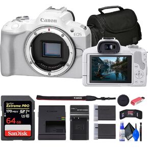 Canon EOS R50 Mirrorless Camera (أبيض) (5812C002) + 64 جيجابايت بطاقة ذاكرة + حقيبة + شاحن + LPE17 Battery + Card Reader + Memory Wallet + KINING KIT (متجدد)