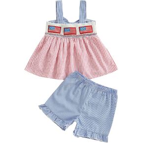 Adobabirl Toddler Baby Girl 4th of July Outfit US Flag Embroidery Plaid Sleeveless Tank Tops with Shorts Cute Summer Clothes