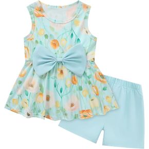 Toddler Baby Girl Clothes Infant Summer Outfits Ruffle Sleeveless Bow Knot Shirts Tops + Shorts Clothing Set 18M-7T