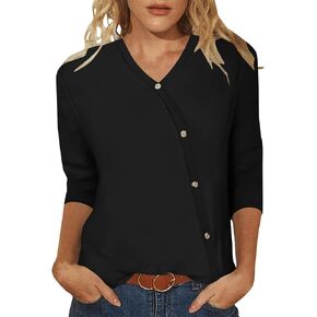 Womens Elbow Length Sleeve Summer Tops Button V Neck Shirts Dressy Casual Shirts Loose Fit Tshirts Tees