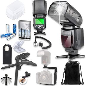 TTL Speed Light Flash for Canon DSLR Cameras Including EOS Rebel T3, T4, T6, T7, T1i, T2i, T3i, T4i, T5i, T6i, T7i with Soft Case + TTL Cord + L-Bracket Grip + 4 AA Batteries + Accessory Bundle