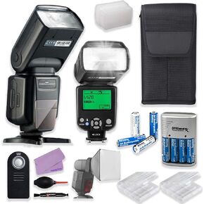 فلاش كاميرا Speedlight TTL-613C لكاميرات Canon DSLR (جيد يصل إلى 180 قدمًا) + حزمة ملحقات فلاش مع 4 بطاريات وشاحن 4 AA