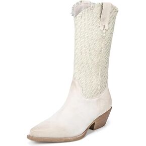 Sam Edelman Brenda Off White Stacked Heel Pointy Toe Woven Mid-Calf Western Boot