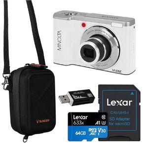 Minolta MNB5Z 56MP 5K Ultra HD 2.8" LCD Screen Digital Camera, Bundle with Camera Case, 64GB Memory Card, Multi Card Reader (White)
