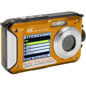 4K 56MP Camera Dual Screen 10ft 16X Digital Zoom Auto Focus 64G Memory Card HD Underwear Camera with USB Cable for Diving (Blue)