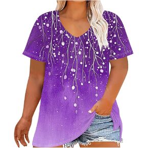 Womens Plus Size Summer Tops Dressy Casual Summer Short Sleeve Blouses for Curvy Women V Neck Shirts Floral Tees
