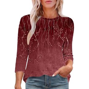 Womens Tops Elbow Length Sleeve Casual Loose Fit Flroal Shirts Crew Neck Tshirts Dressy Blouse Tees