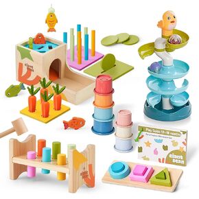 Giant Bean 8-in-1 Montessori Toys مجموعة ألعاب تعليمية للطفل من 12 إلى 18 شهرًا مع مربع دائمة الكائن ، وبرج Senser Ball Roll ، ومطرقة ، وجزر صيد ، وشكل فرز التراص شبل للأطفال 1+