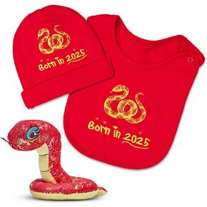 FoxE Year of the Snake Gift Set Born in 2025 - Bib, Beanie & Plush Toy Gift Set - Chinese New Year Red Envelopes 100% Cotton
