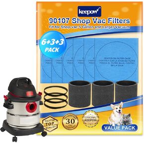 KEEPOW VF2002 Reusable Dry Vac Filters for Most Shop Vac MACS-200D SS11-450, Vacmaster Vacuum Cleaners, Part# 9010700, 9013700 (6+3+3 Pack)