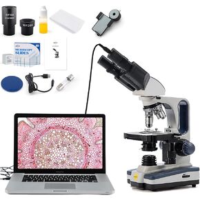 SWIFT SW350B-BS50-SPAE2628 40X-2500X Siedentopf Research-Grade Compound Lab Binocular Microscope with Smartphone Adapter and 50 Pre-Cleaned Blank Slides and 100 Glass Coverslips