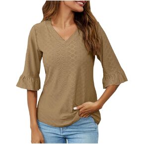 Eyelet Tops Women's Elbow Flared Sleeve Shirts Dressy Casual Blouse Elegant Trendy Tees Gradient Solid Tshirts