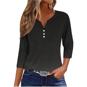 Elbow Length Sleeve Womens Tops Button Down Henley Neck T Shirts Casual Trendy Dressy Shirts Elegant Blouse Tunic