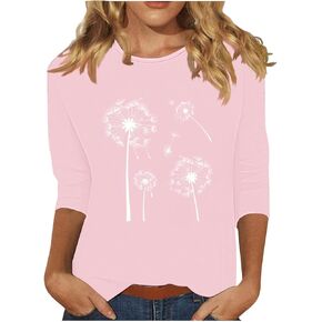 Womens Colorful Dandelion Graphic Tshirts Elbow Length Sleeve Tops Tees Vintage Wildflower Shirts Trendy Dressy Blouse