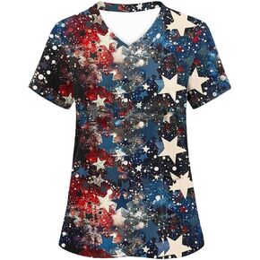 Womens American Flag Scrub Shirts Patriotic 4th of July Nursing Uniforms Tee Star Stripe Graphic Scrubs Top with Pockets