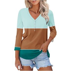 Womens Soft V Neck 3 4 Sleeve Tunic Top Striped Henley Shirts Blouses Gradient Tshirts Casual Trendy Dressy Tunic