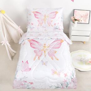 Toddler Bedding Set, 4 Pieces Toddler Comforter Set for Girls Kids, Ultra Soft Toddler Bed Sheets Set in a Bag, Includes Comforter, Fitted Sheet, Flat Sheet, Pillowcase, Pink Butterfly