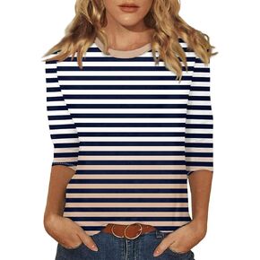 Womens Elbow Sleeve Striped Shirts Tops Casual Loose Fit Crew Neck Gradient Shirts Tshirts Blouse Tunic Soft Tees