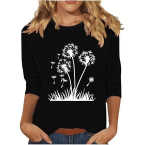 Womens Elbow Sleeve Dandelion Tshirts Casual Loose Fit Graphic Tshirts Trendy Dressy Elegant Blouse Soft Tees Tunic