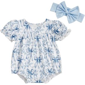 Baby Girl Vintage Bubble Romper Short Sleeve Ruffle Floral Bodysuit Newborn Summer Bow Clothes