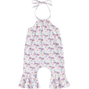 Toddler Girls Halter Bell-Bottomed Jumpsuit 4th of July Baby Girl Outfit Stars Flags Print Flared One-Piece Overalls