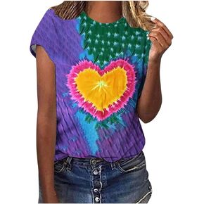 Womens Tops Dressy Casual Summer Short Sleeve Blouses Plus Size Tie Dye Tshirt Rainbow Shirts Gradient Tie Dye Tees