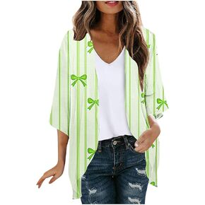 Womens Stripes Hawaii Kimono Cardigan 3/4 Sleeve Swimsuit Cover Ups Summer Front Open UV Sun Protection Shirts