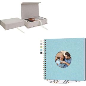 Vienrose Linen 4" x 6" Photo Cases and Postcard Keeper Storage Container Box and Scrapbook with Circle Window 8 x 8 Inch DIY Linen Photo Ablum